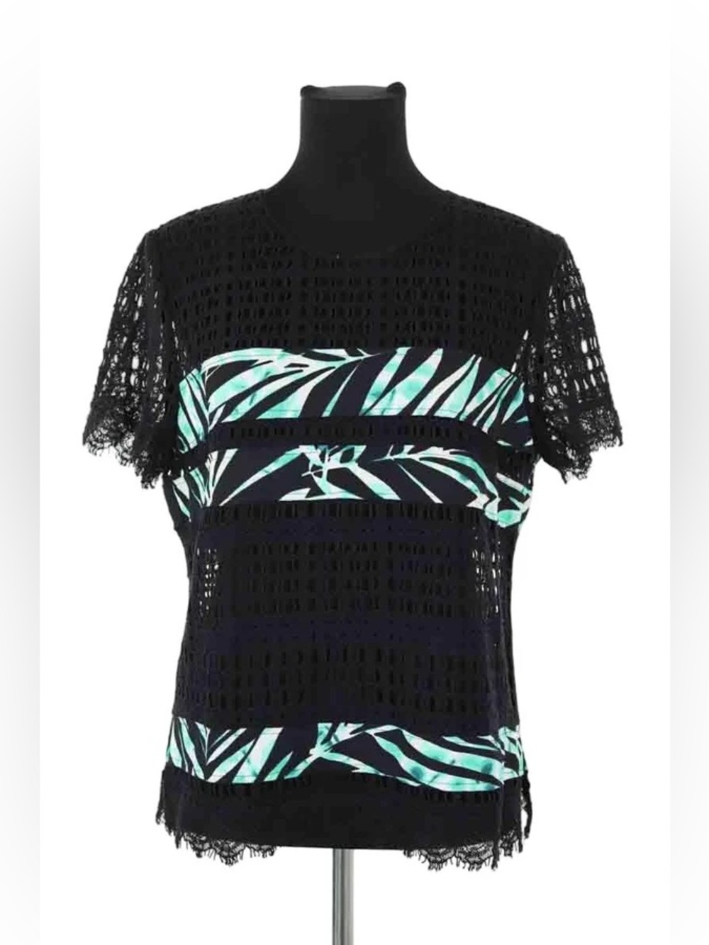BCBGMaxAzria Black Lace Short Sleeve Top with Teal Panels-sz Medium